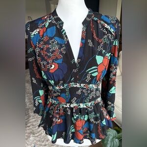 Ba&sh US 4 Designer Black Peplum Long Sleeve Floral Blouse Navy, Rust, Aqua
